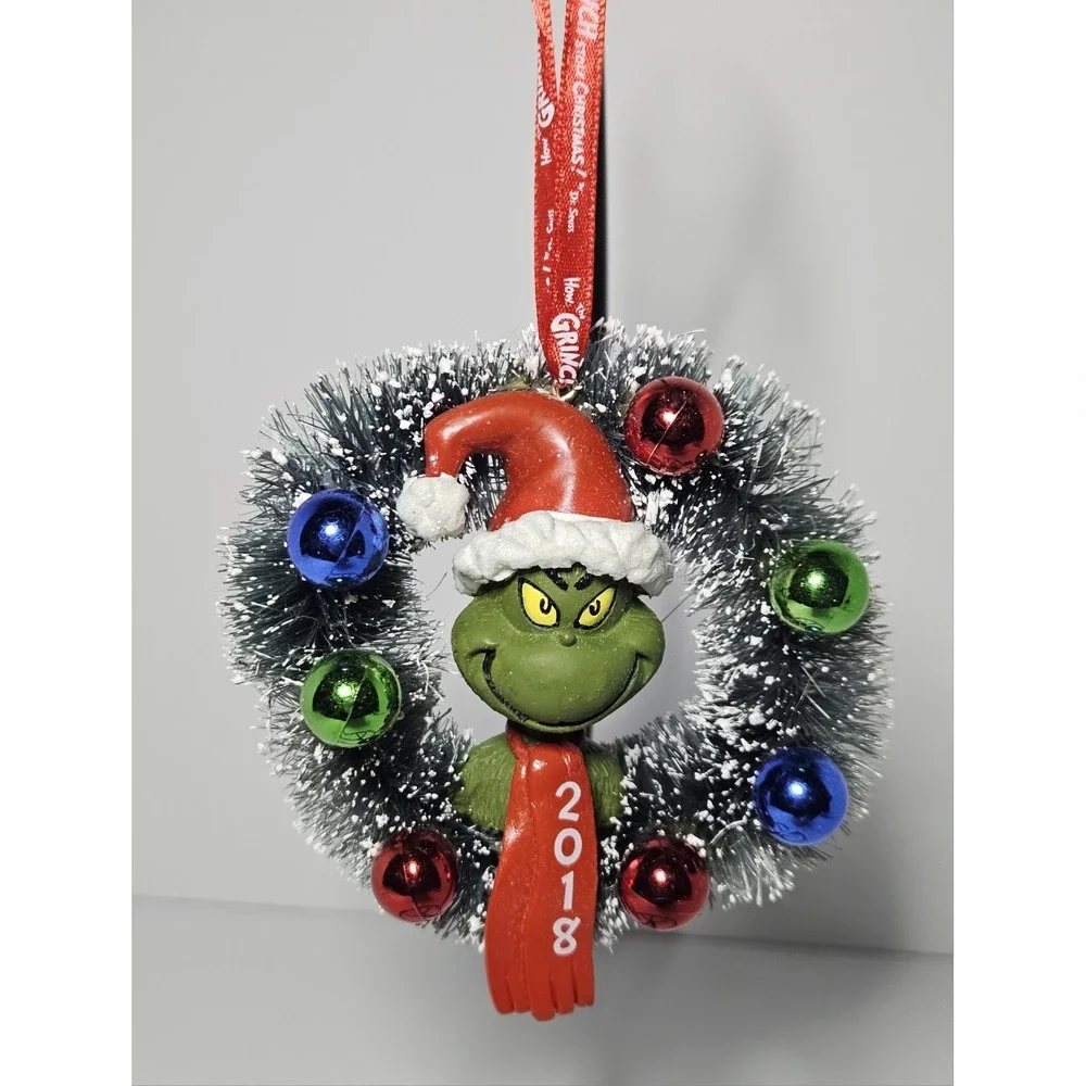 Department 56 Dr Seuss The Grinch Christmas Wreath Ornament 2018 Red Scarf Hat
